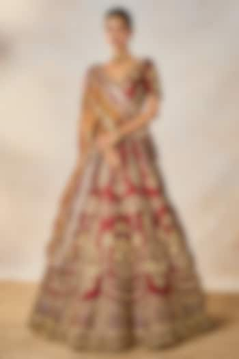 Maroon Heavy Raw Silk Thread & Bead Embroidered Bridal Lehenga Set by Masaba at Pernia's Pop Up Shop