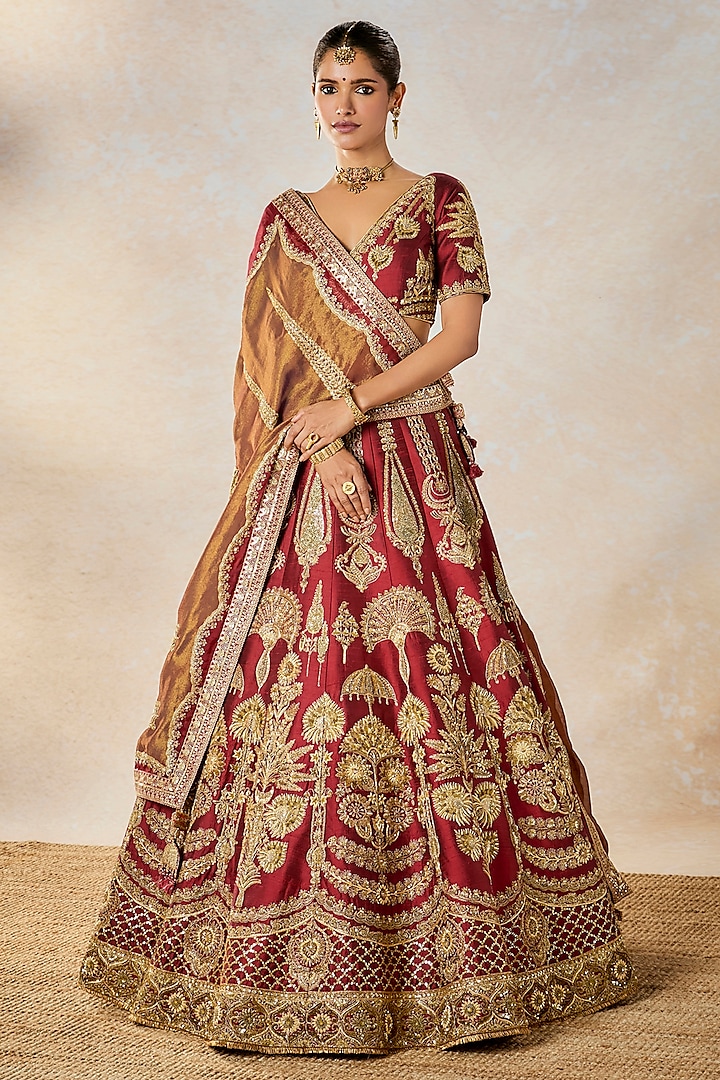 Maroon Heavy Raw Silk Thread & Bead Embroidered Bridal Lehenga Set by Masaba at Pernia's Pop Up Shop