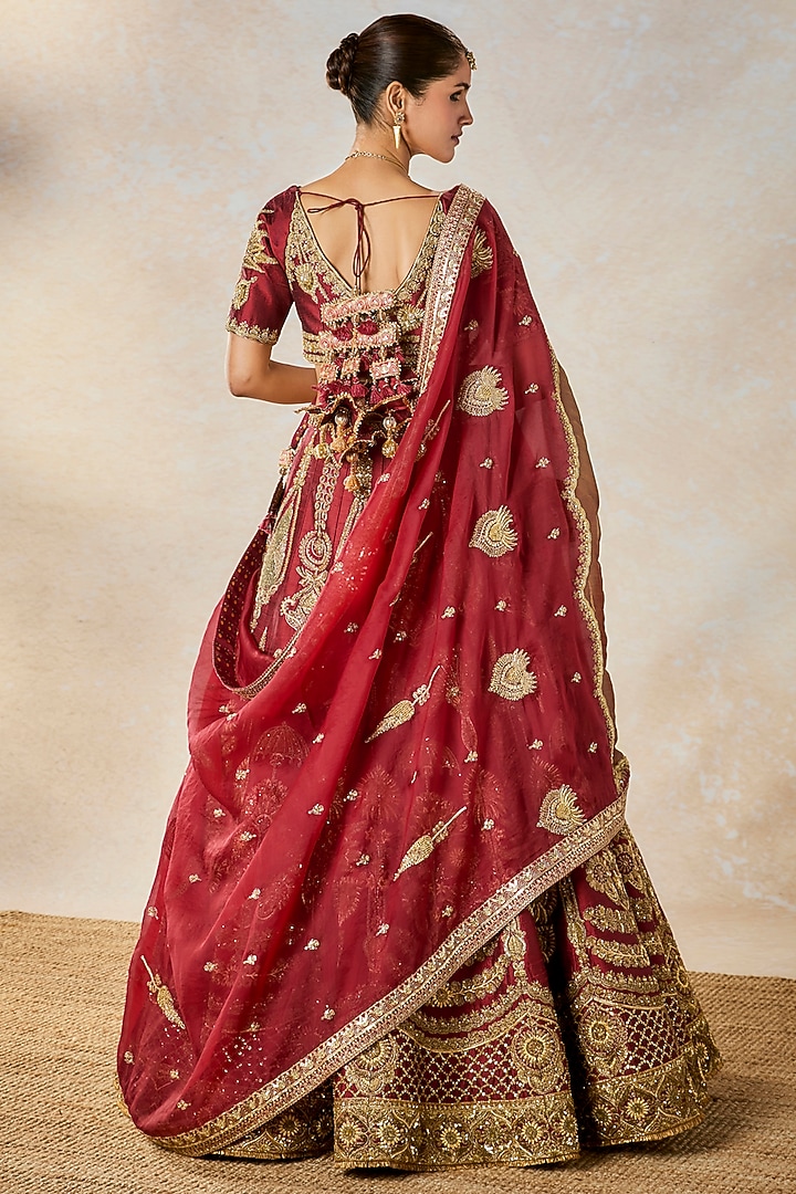 Maroon Heavy Raw Silk Thread & Bead Embroidered Bridal Lehenga Set by Masaba at Pernia's Pop Up Shop