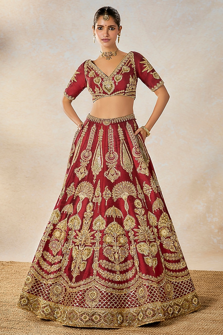 Maroon Heavy Raw Silk Thread & Bead Embroidered Bridal Lehenga Set by Masaba at Pernia's Pop Up Shop