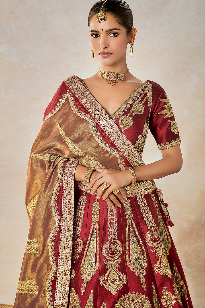 Maroon Heavy Raw Silk Thread & Bead Embroidered Bridal Lehenga Set by Masaba at Pernia's Pop Up Shop