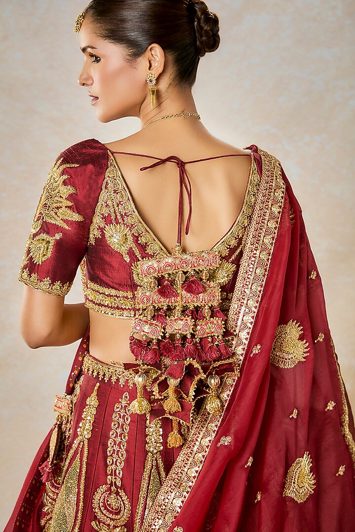 Maroon Heavy Raw Silk Thread & Bead Embroidered Bridal Lehenga Set by Masaba at Pernia's Pop Up Shop