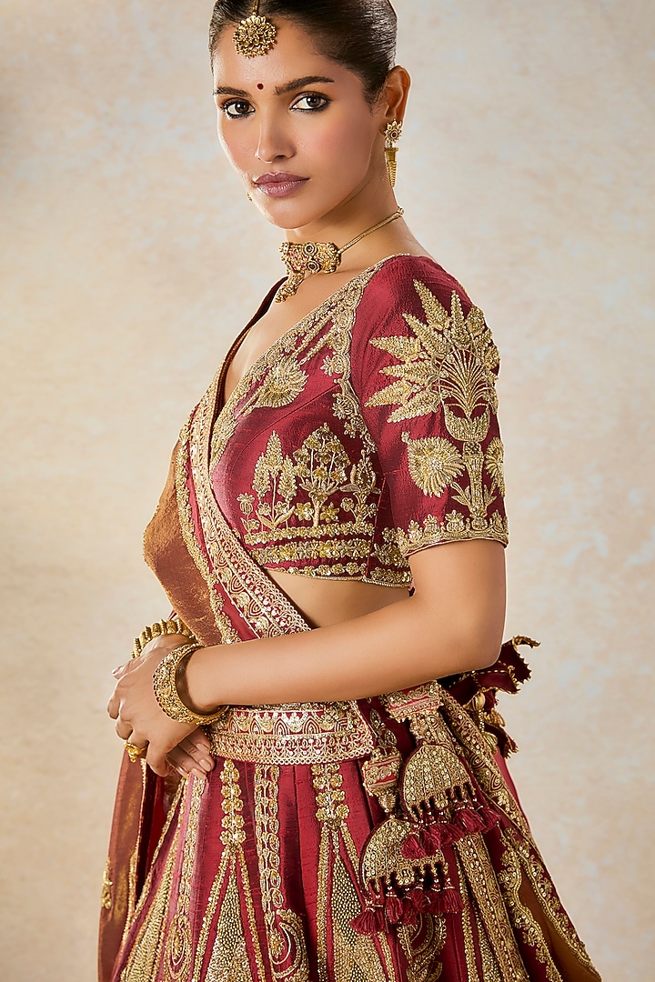 Maroon Heavy Raw Silk Thread & Bead Embroidered Bridal Lehenga Set by Masaba at Pernia's Pop Up Shop