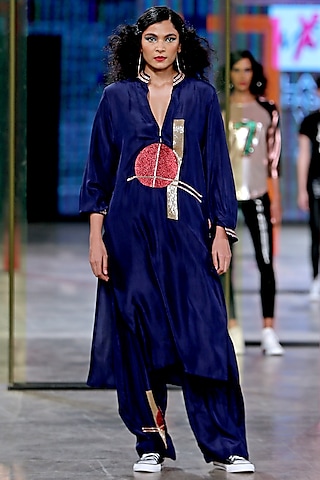 Navy Blue Habutai Silk Tunic Set by MXS - Monisha Jaising X Shweta Bachchan Nanda