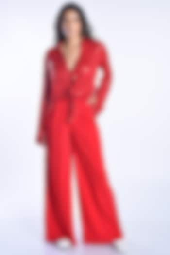 Neon Red Crepe Pant Set by MXS - Monisha Jaising X Shweta Bachchan Nanda