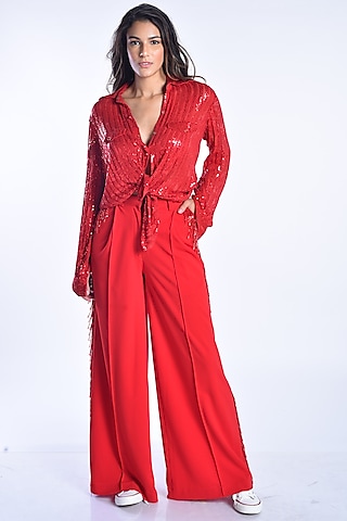 Neon Red Crepe Pant Set by MXS - Monisha Jaising X Shweta Bachchan Nanda