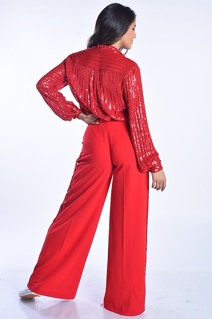 Neon Red Crepe Pant Set by MXS - Monisha Jaising X Shweta Bachchan Nanda at Pernia's Pop Up Shop