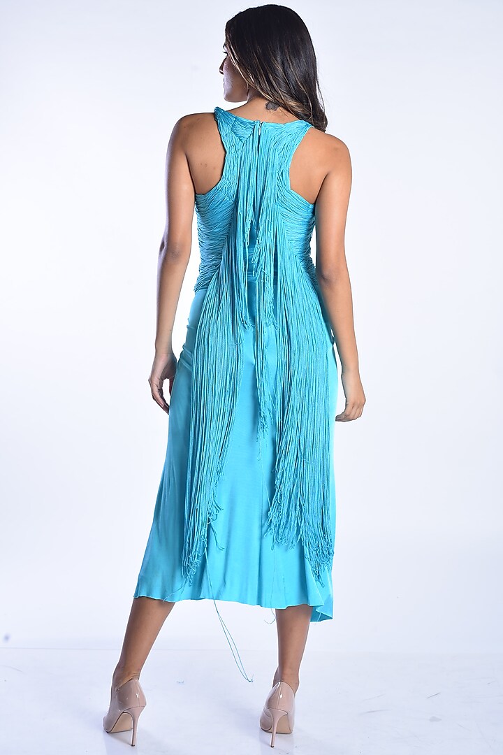 Aqua Blue Fringed Cocktail Dress by MXS - Monisha Jaising X Shweta Bachchan Nanda at Pernia's Pop Up Shop