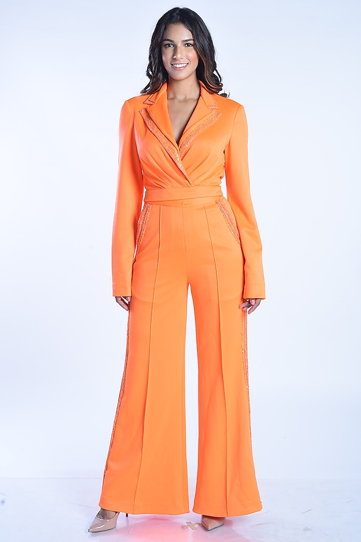 Hot Orange Crepe Blazer Jumpsuit by MXS - Monisha Jaising X Shweta Bachchan Nanda