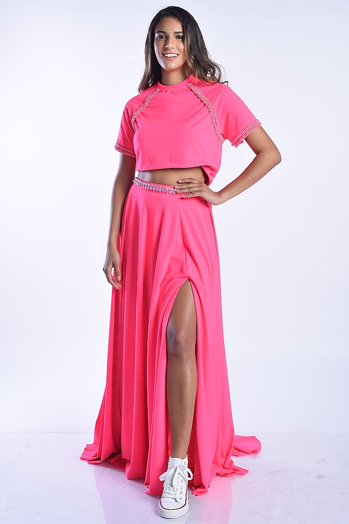 French Fuchsia Scuba Skirt Set by MXS - Monisha Jaising X Shweta Bachchan Nanda