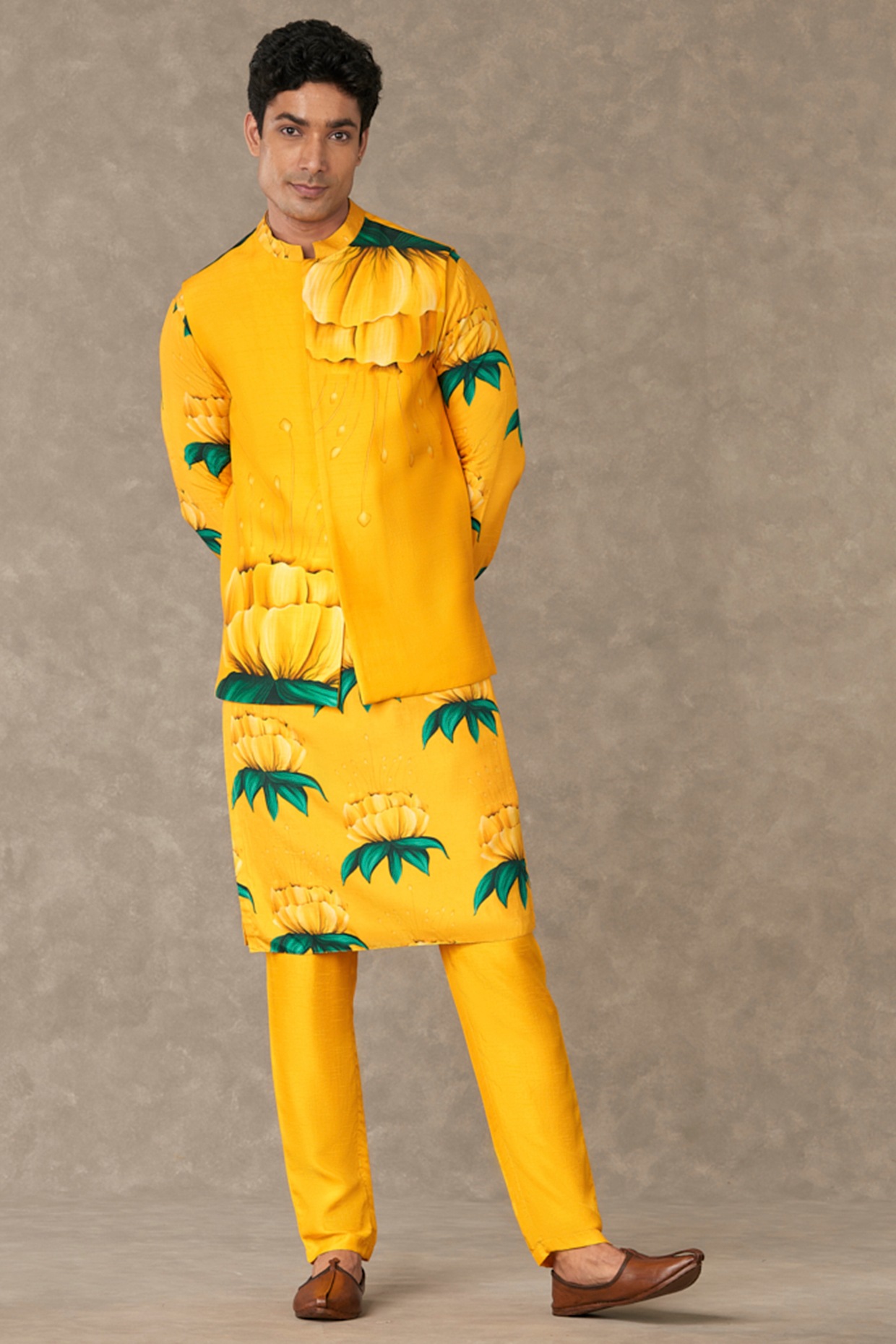 Woven Art Silk Jacquard Nehru Jacket in Mustard : MHG2228