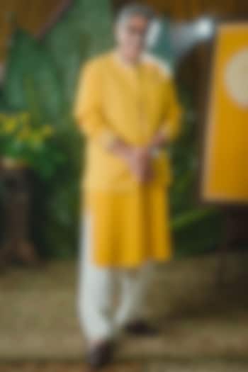 Corn Yellow Tissue Bundi Jacket With Kurta Set by Masaba Men