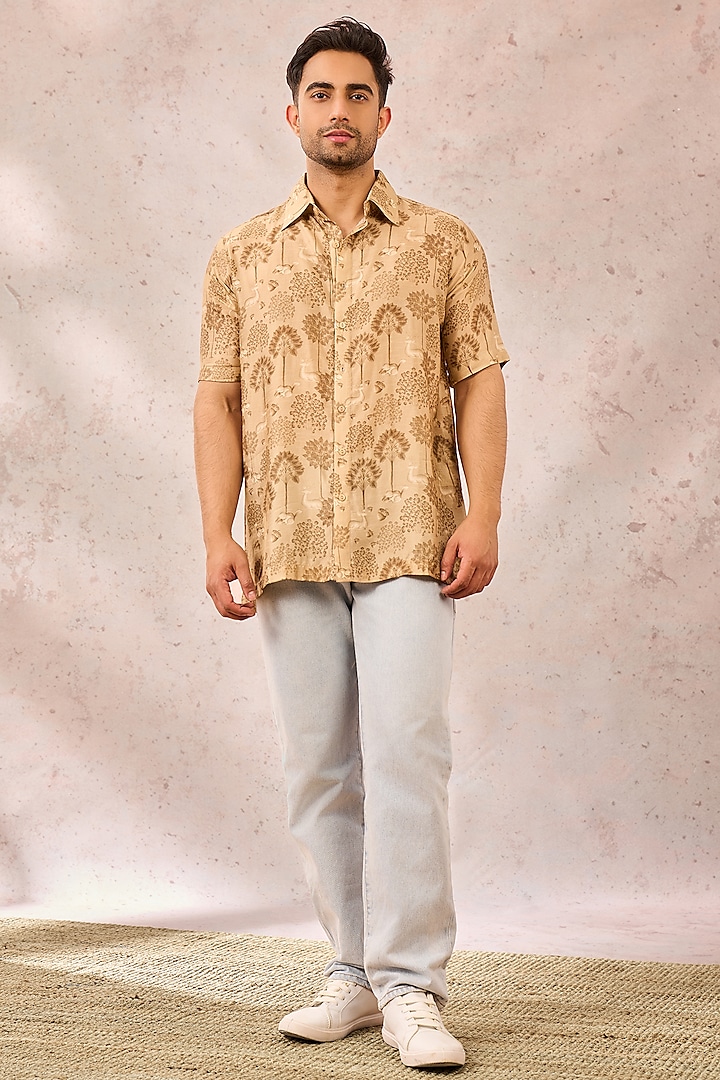 Beige Raw Silk Digital Printed Shirt by Masaba Men