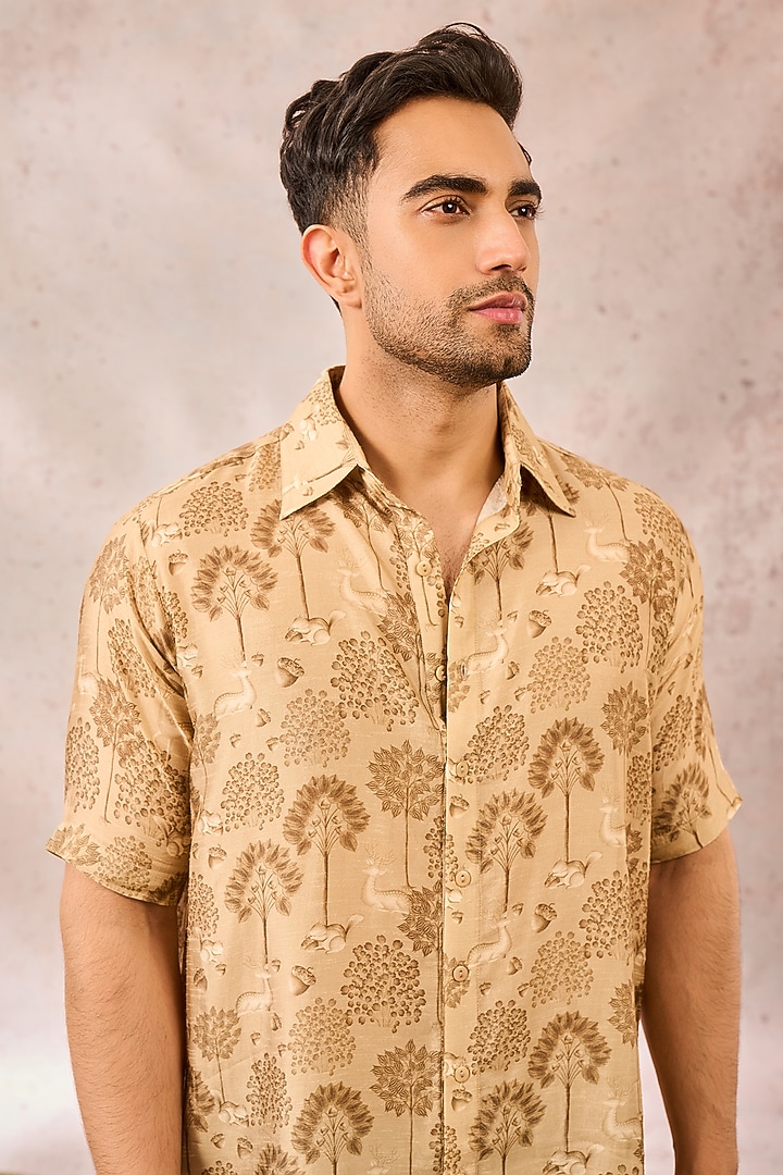 Beige Raw Silk Digital Printed Party Wear Shirt by Masaba Men at Pernia's Pop Up Shop