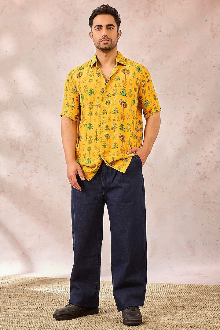 Yellow Natural Crepe Digital Printed Shirt by Masaba Men