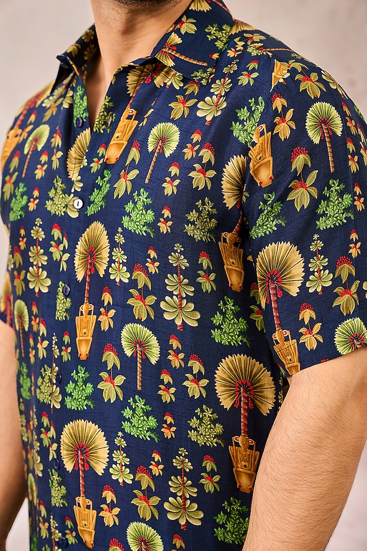 Blue Raw Silk Digital Printed Party Wear Shirt by Masaba Men at Pernia's Pop Up Shop