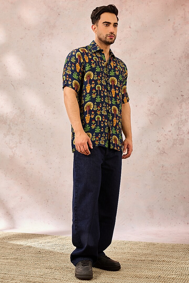Blue Raw Silk Digital Printed Party Wear Shirt by Masaba Men at Pernia's Pop Up Shop