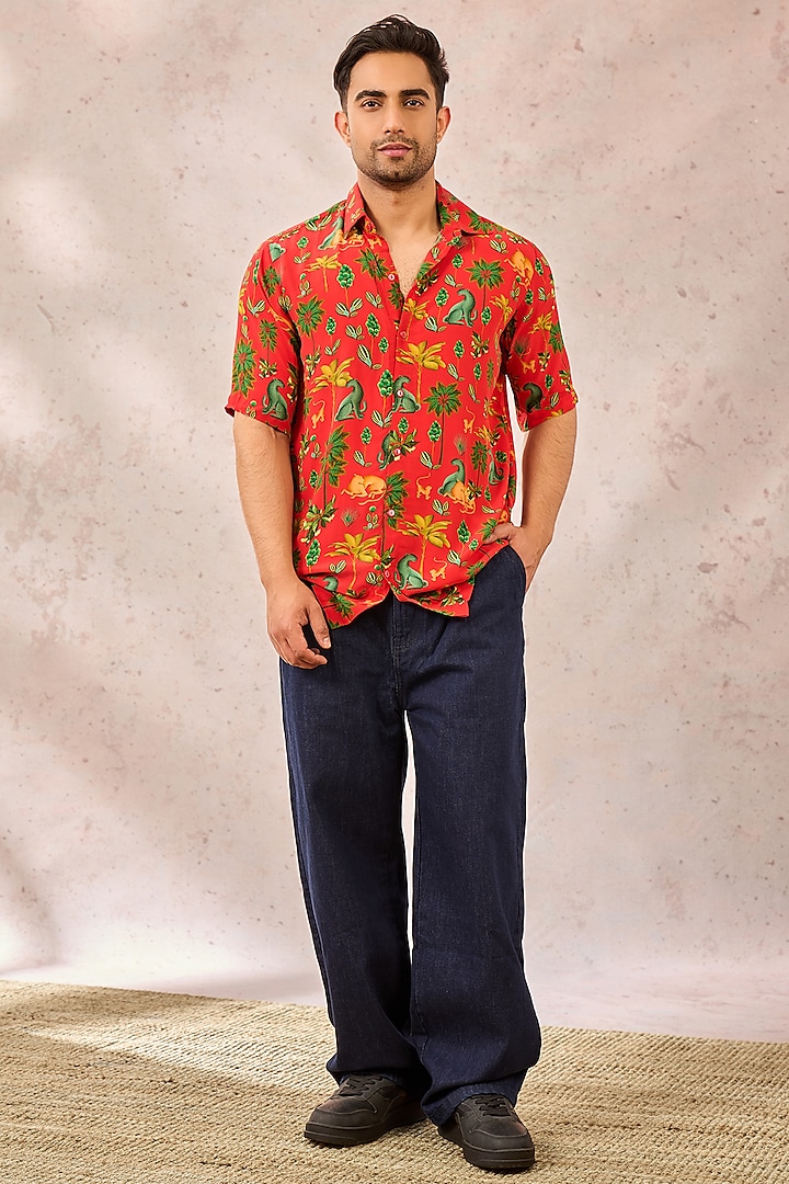 Red Natural Crepe Digital Printed Shirt by Masaba Men