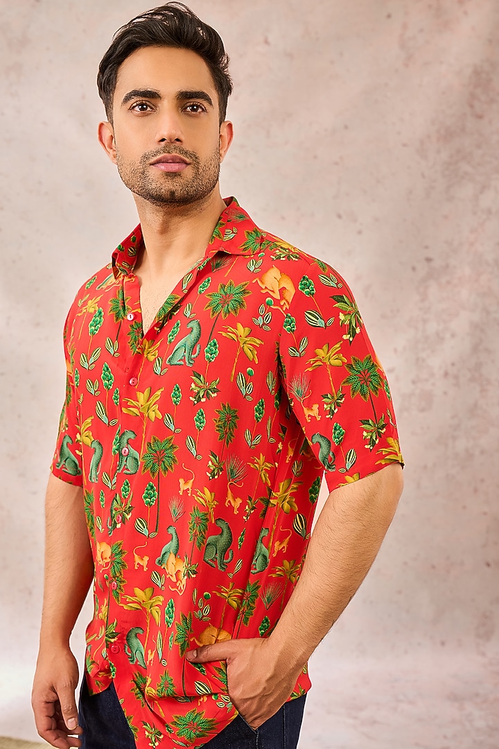 Red Natural Crepe Digital Printed Party Wear Shirt by Masaba Men at Pernia's Pop Up Shop