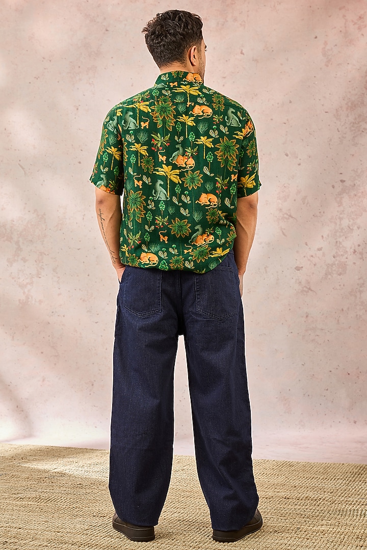 Green Raw Silk Digital Printed Party Wear Shirt by Masaba Men at Pernia's Pop Up Shop