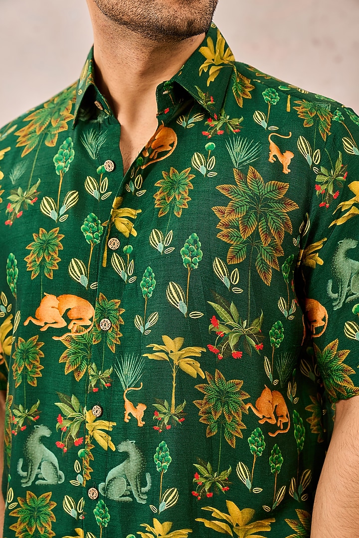 Green Raw Silk Digital Printed Party Wear Shirt by Masaba Men at Pernia's Pop Up Shop
