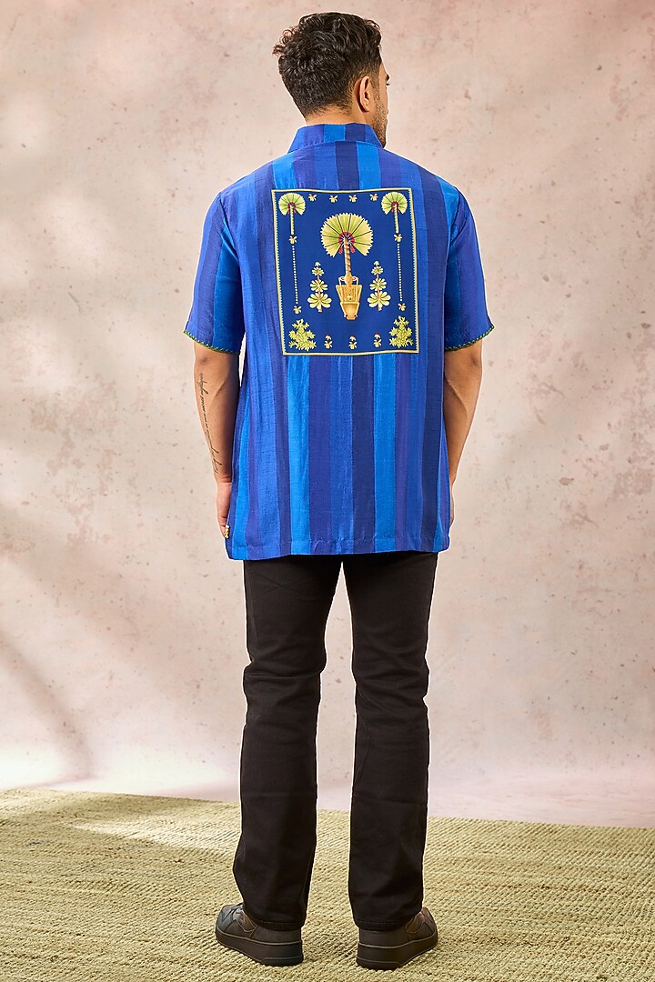 Navy Raw Silk Digital Printed Wedding Shirt by Masaba Men at Pernia's Pop Up Shop