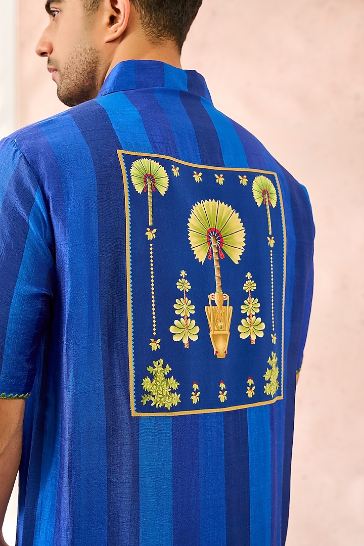 Navy Raw Silk Digital Printed Wedding Shirt by Masaba Men at Pernia's Pop Up Shop