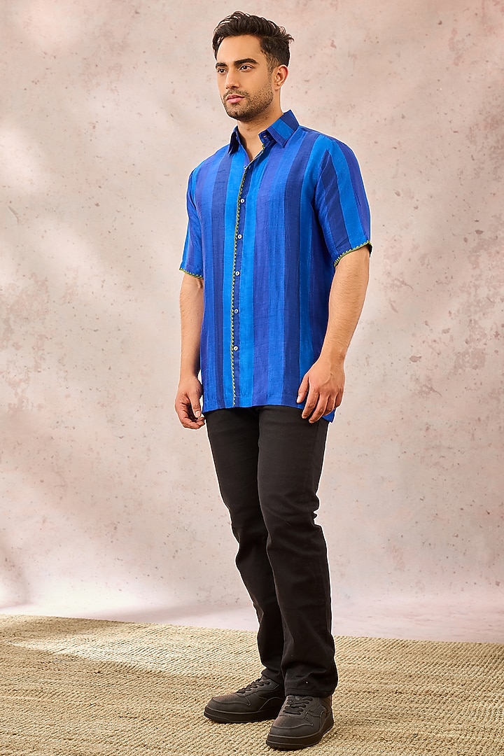 Navy Raw Silk Digital Printed Wedding Shirt by Masaba Men at Pernia's Pop Up Shop