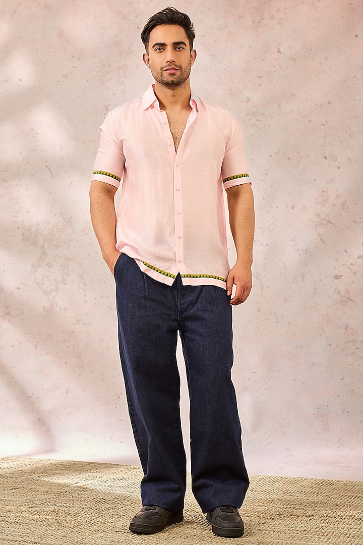 Baby Pink Raw Silk Digital Printed Shirt by Masaba Men