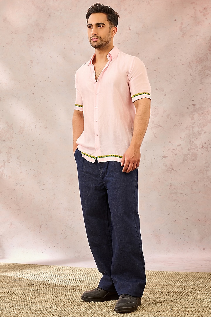 Baby Pink Raw Silk Digital Printed Wedding Shirt by Masaba Men at Pernia's Pop Up Shop