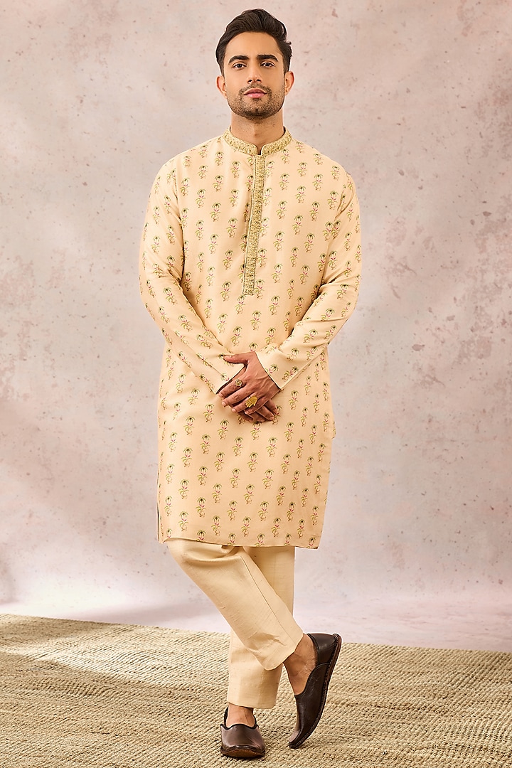 Almond-Colored Viscose Raw Silk Printed & Embellished Kurta by Masaba Men