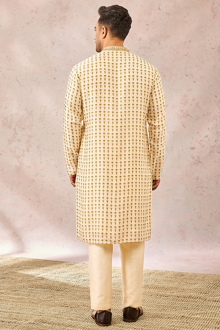 Almond-Colored Viscose Raw Silk Printed & Embellished Kurta by Masaba Men at Pernia's Pop Up Shop