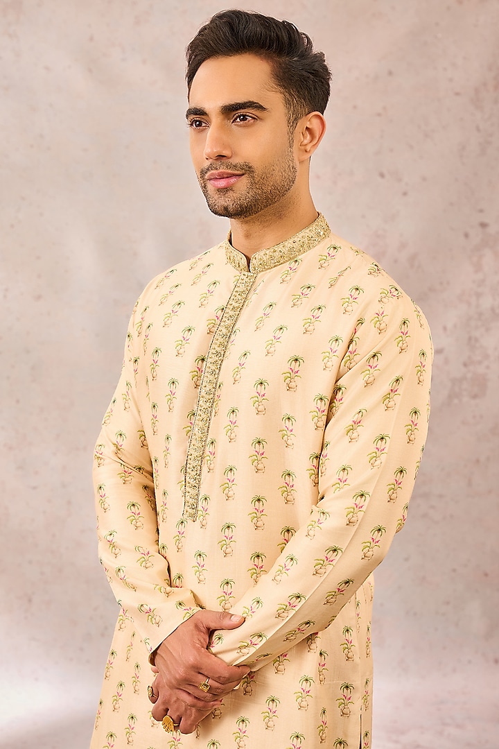Almond-Colored Viscose Raw Silk Printed & Embellished Kurta by Masaba Men at Pernia's Pop Up Shop