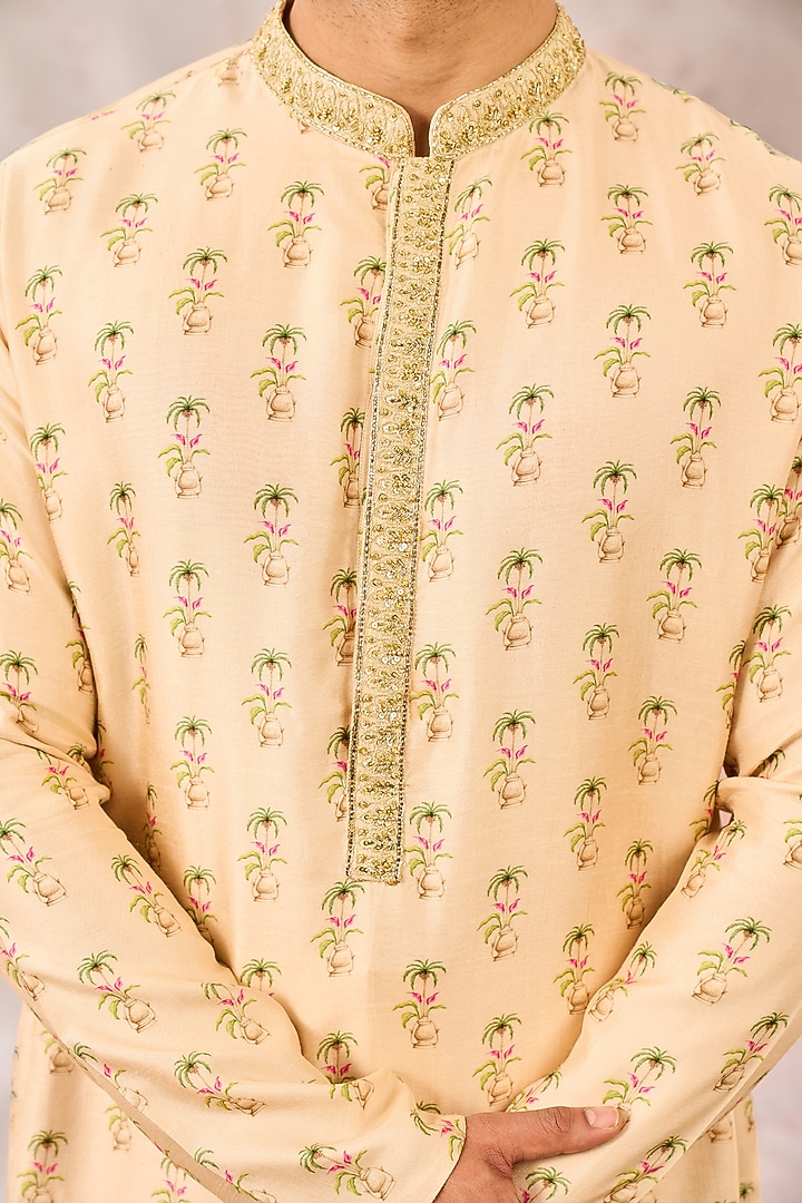 Almond-Colored Viscose Raw Silk Printed & Embellished Kurta by Masaba Men at Pernia's Pop Up Shop