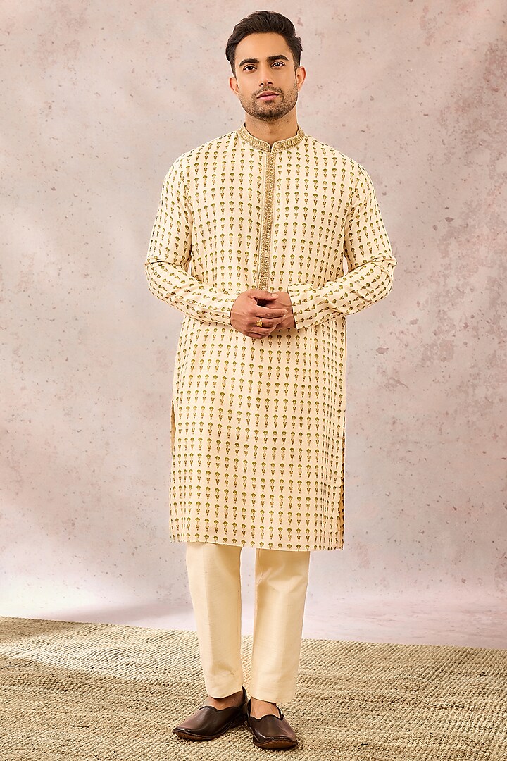 Ivory Viscose Raw Silk Printed & Embellished Kurta by Masaba Men