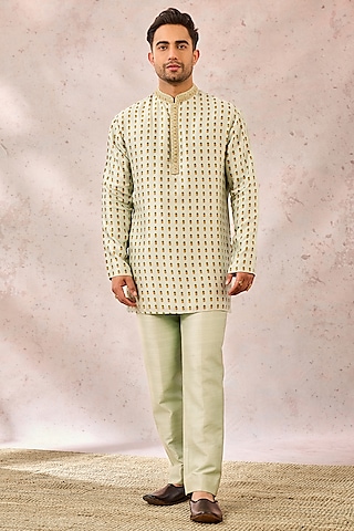 Sage Green Viscose Raw Silk Printed & Embellished Kurta by Masaba Men