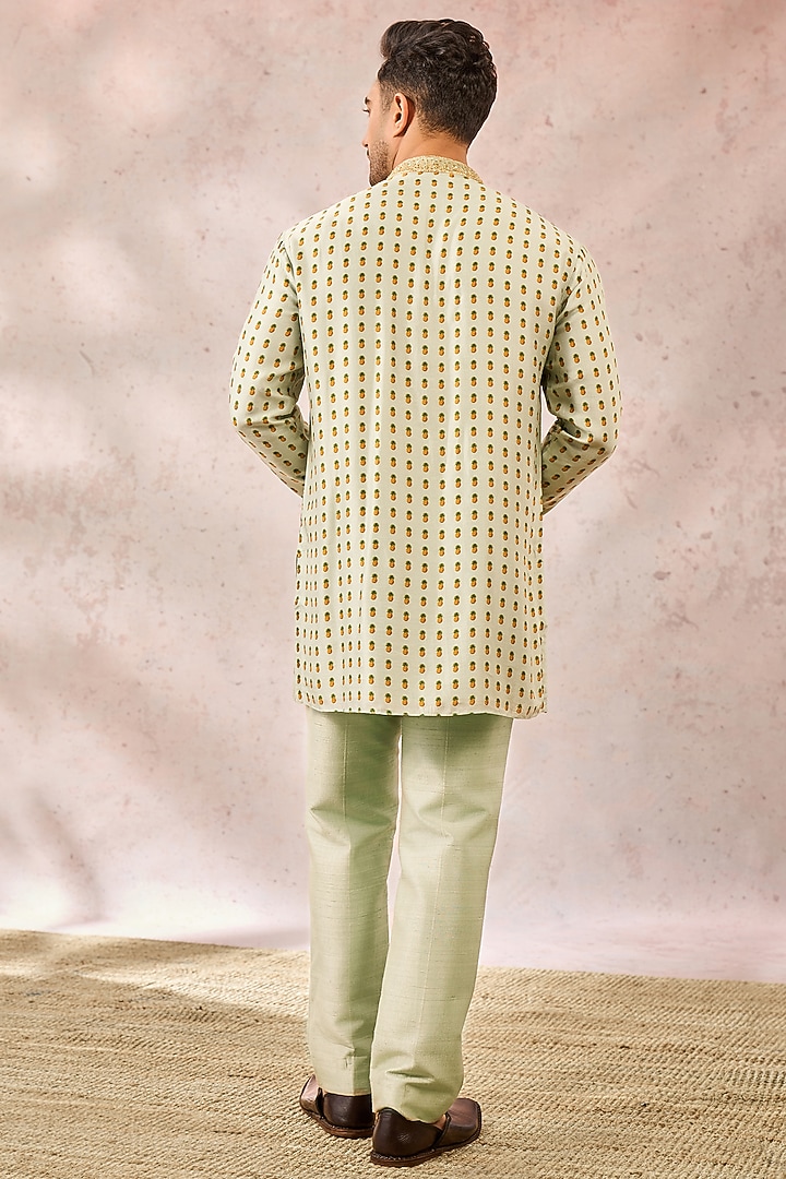 Sage Green Viscose Raw Silk Printed & Embellished Kurta by Masaba Men at Pernia's Pop Up Shop