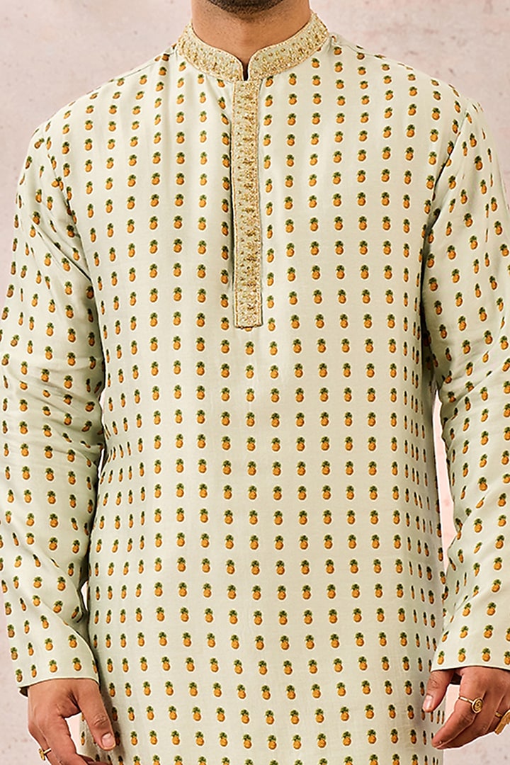 Sage Green Viscose Raw Silk Printed & Embellished Kurta by Masaba Men at Pernia's Pop Up Shop