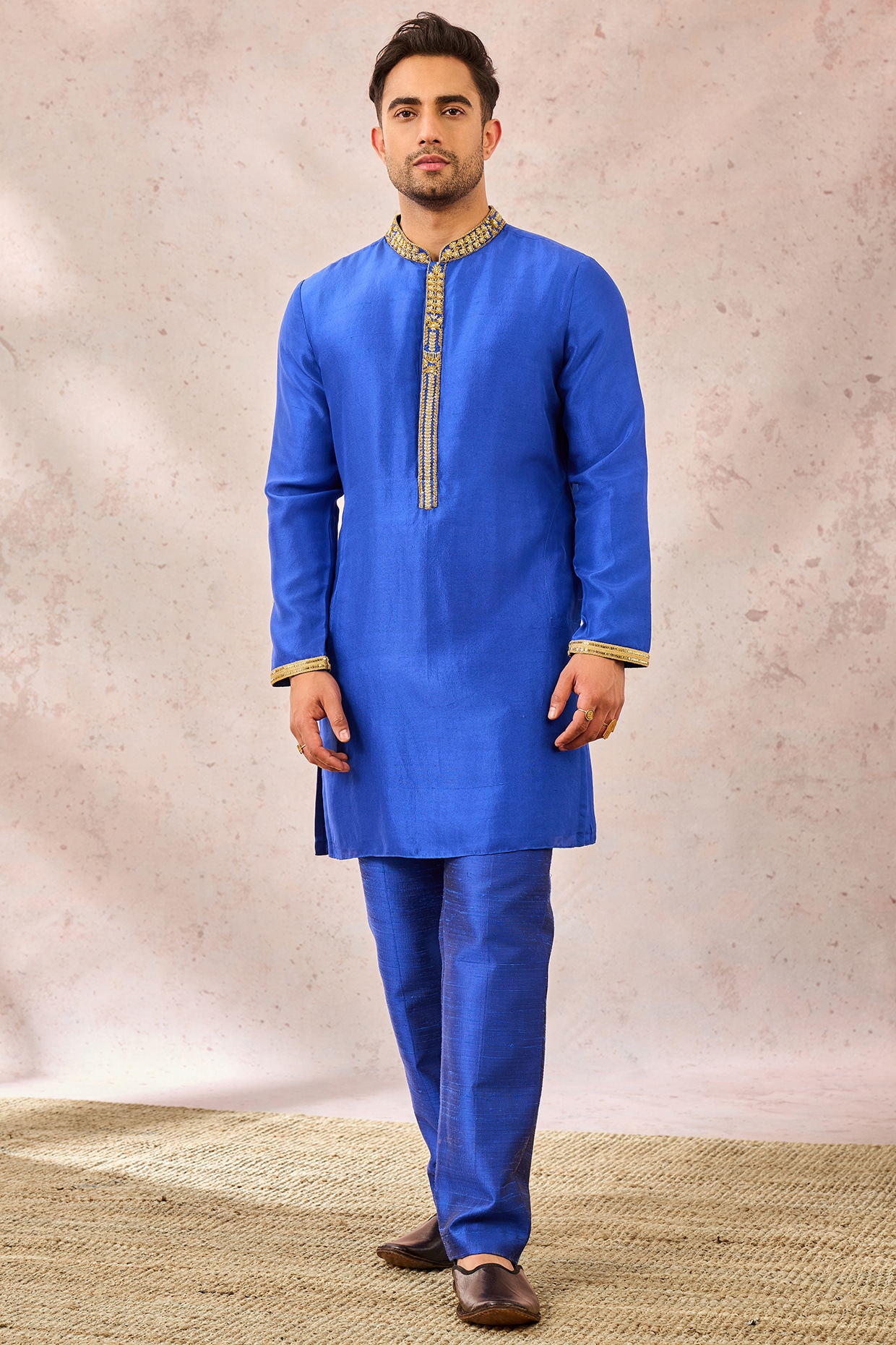 Men Navy Blue Slub Silk Embroidered Kurta Pyjama main image 0
