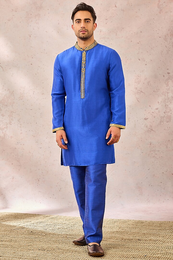 Navy Blue Viscose Raw Silk Embroidered Kurta by Masaba Men