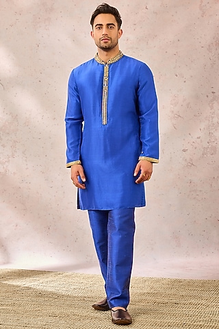 Navy Blue Viscose Raw Silk Embroidered Kurta by Masaba Men