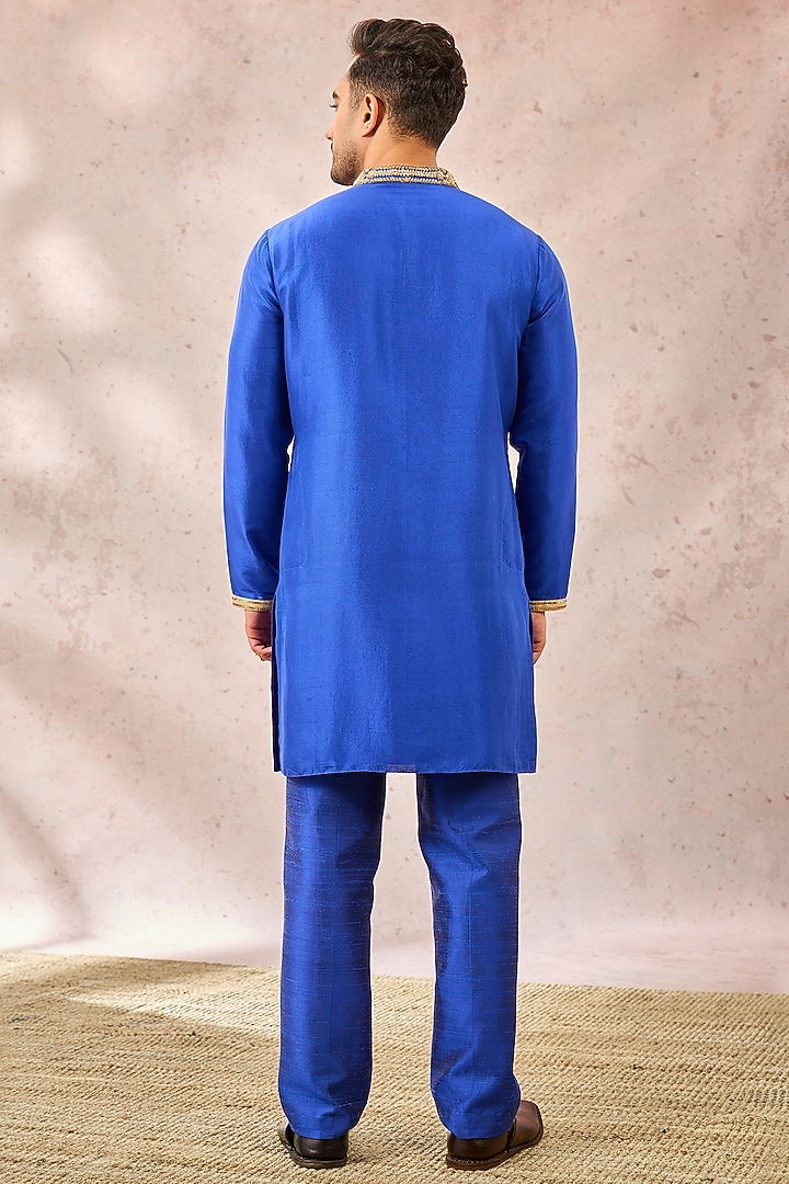 Ethnic Bay Men Navy Blue Silk Blend Solid Embroidered Straight Kurta and Trouser-MKSET1334 main image 0