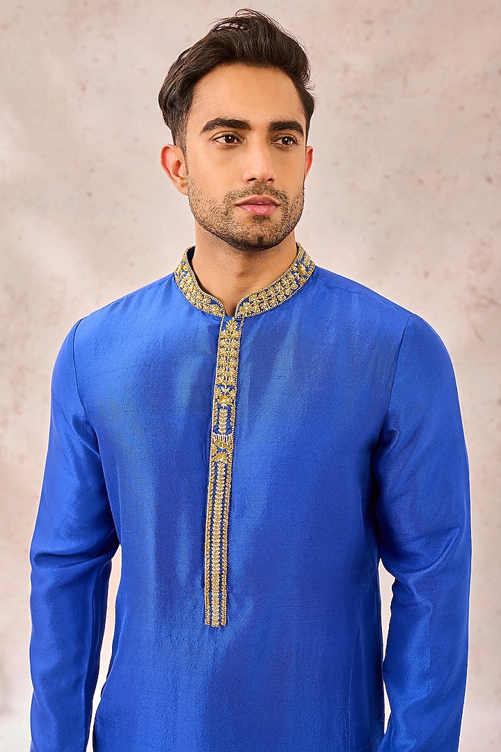 Navy Blue Viscose Raw Silk Embroidered Kurta by Masaba Men at Pernia's Pop Up Shop
