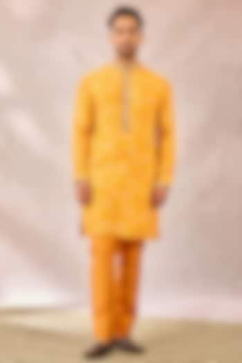 Mustard Viscose Raw Silk Printed & Embroidered Kurta by Masaba Men