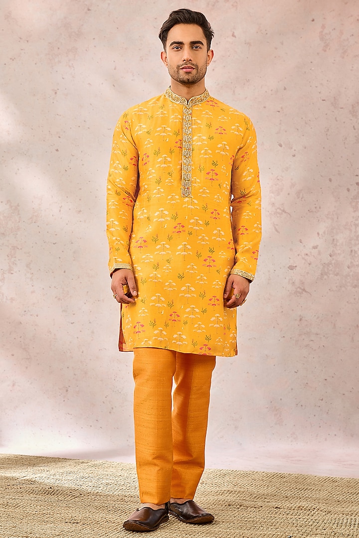 Mustard Viscose Raw Silk Printed & Embroidered Kurta by Masaba Men