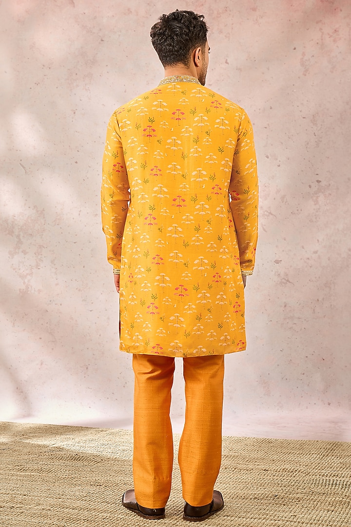 Mustard Viscose Raw Silk Printed & Embroidered Kurta by Masaba Men at Pernia's Pop Up Shop