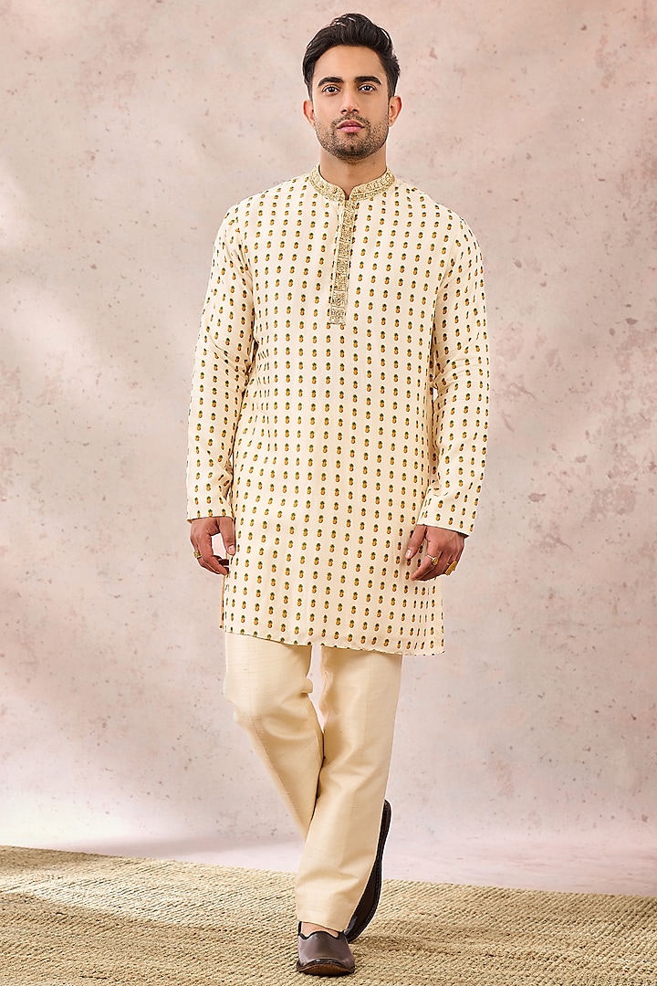 Ivory Viscose Raw Silk Printed & Embroidered Kurta by Masaba Men