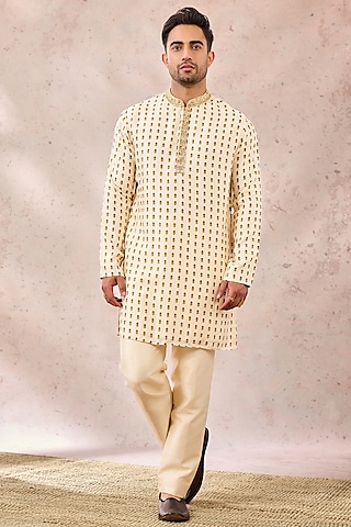 Ivory Viscose Raw Silk Printed & Embroidered Kurta by Masaba Men