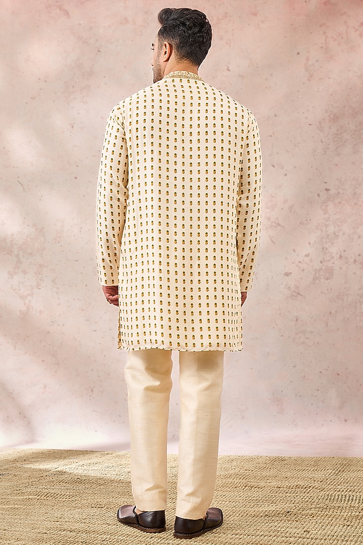 Ivory Viscose Raw Silk Printed & Embroidered Kurta by Masaba Men at Pernia's Pop Up Shop