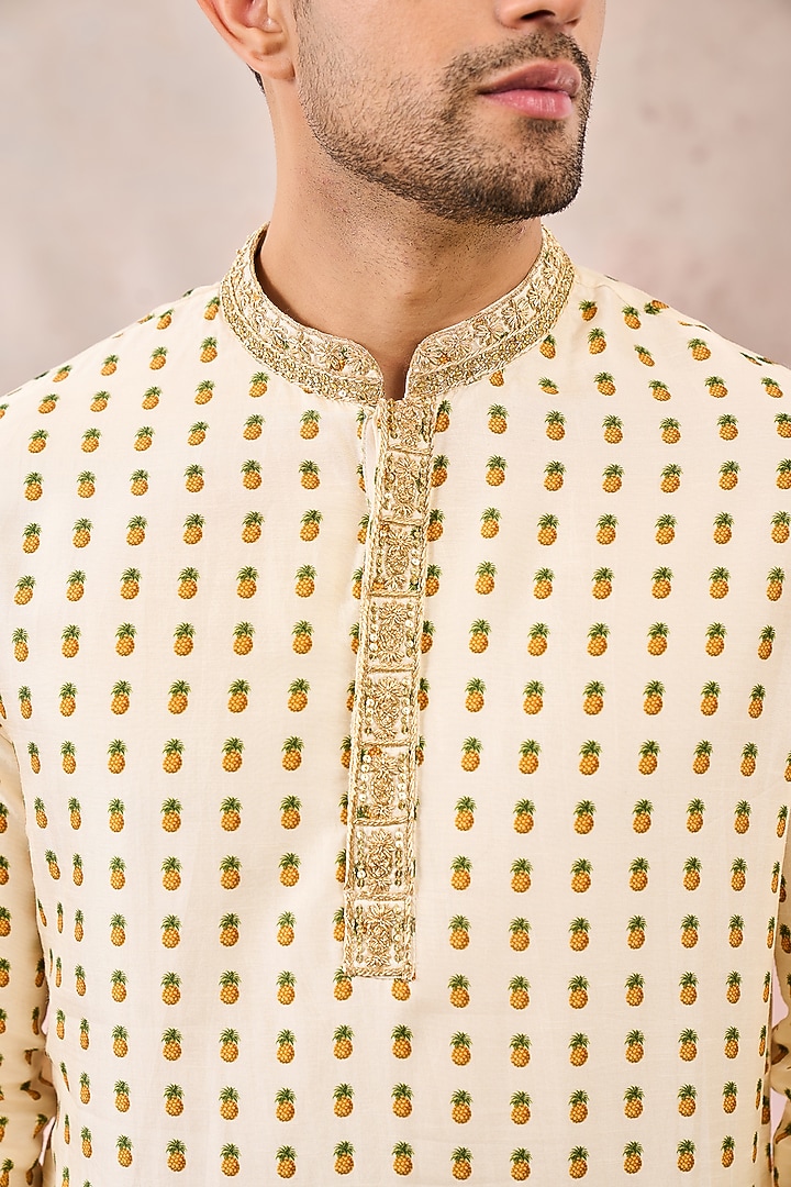 Ivory Viscose Raw Silk Printed & Embroidered Kurta by Masaba Men at Pernia's Pop Up Shop